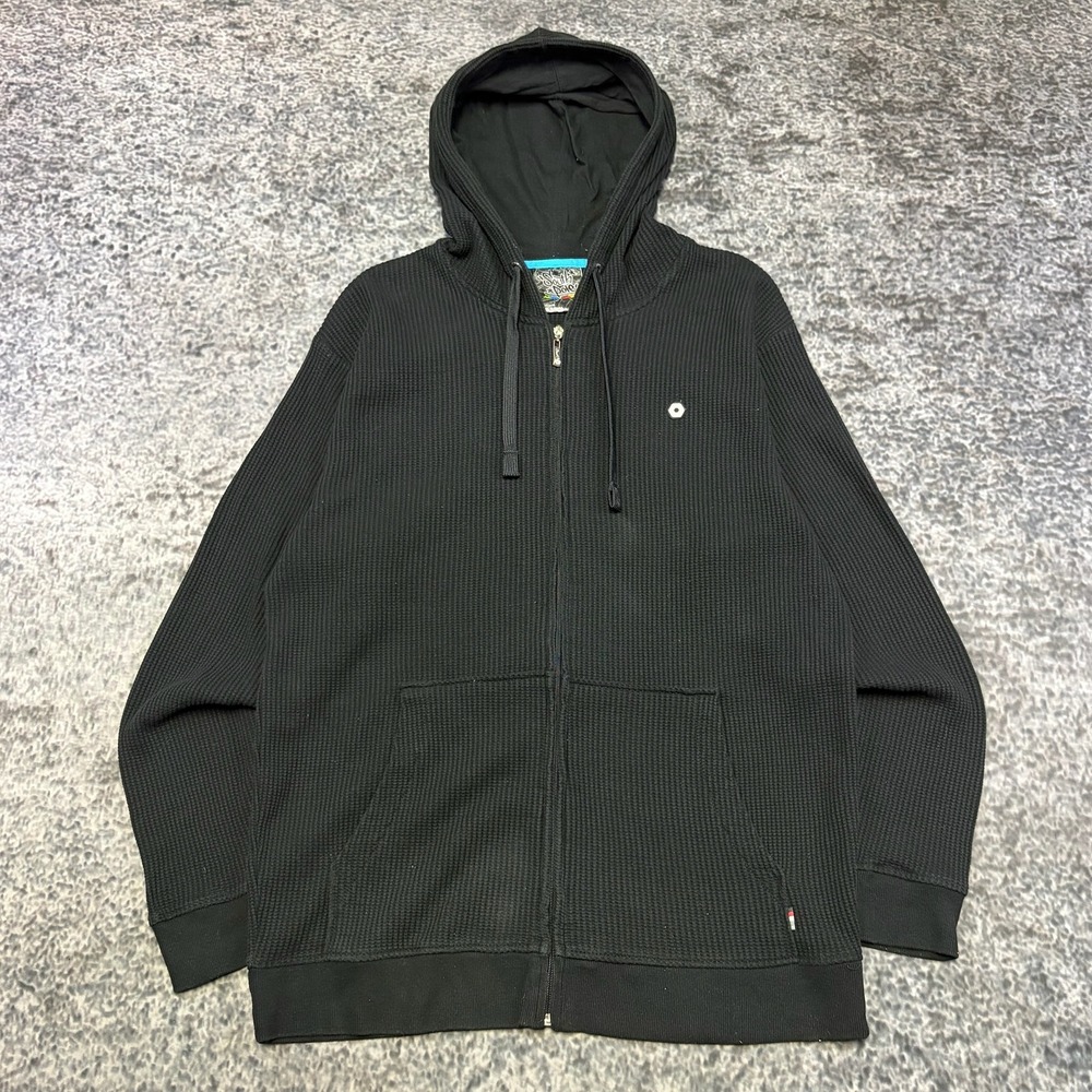 VTG Y2K Southpole Zip Up Hoodie Waffle Knit Thermal Mens Large Black Grunge